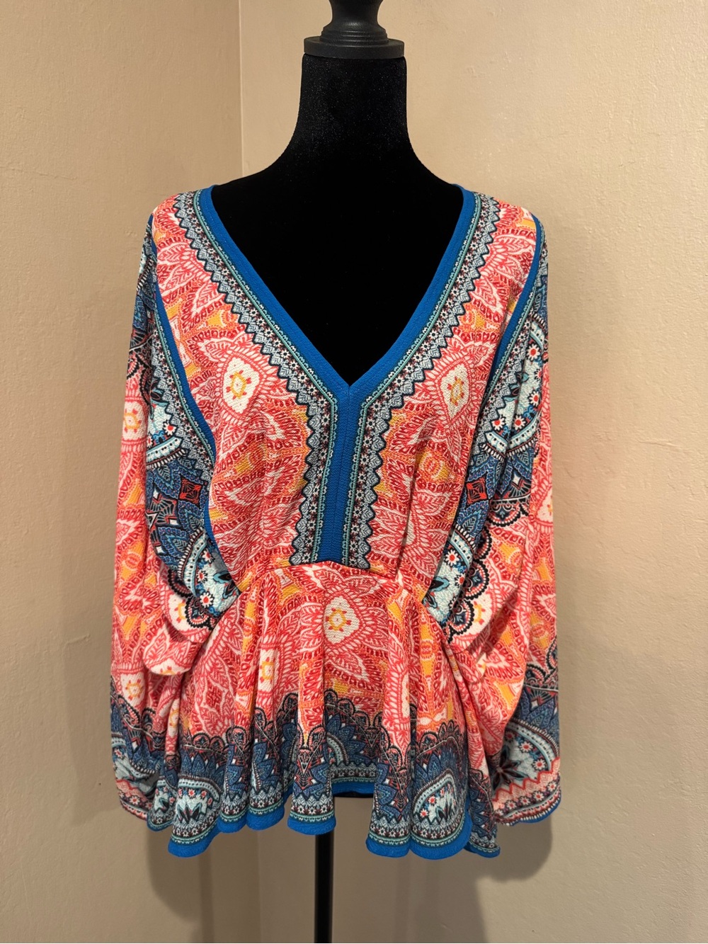 Vintage Inspired Bohemian Blouse in Vibrant Blues, Orange & Pink.  Hippy Vibes